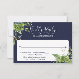Cartão RSVP Casamento Azul Marinho Elegante com Folhagem de Eu