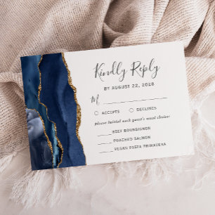 Cartão RSVP Casamento Azul Marinho Moderno com Ágata Dourada E