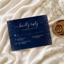 Cartão RSVP Casamento Azul Marinho Prateado Glitter Elegante