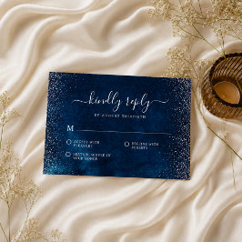 Cartão RSVP Casamento Azul Marinho Prateado Glitter Elegante