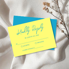 Cartão RSVP Casamento Azul Moderno e Amarelo Manteiga