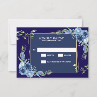 Cartão RSVP Casamento Azul Naval Borgonha Dourado Rosa