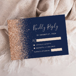 Cartão RSVP Casamento Azul Naval Brilho de Pêssego
