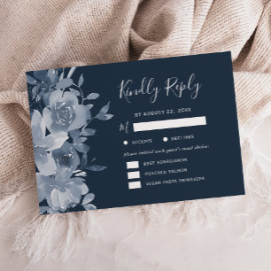 Cartão RSVP Casamento Azul Naval Poeirento Floral Aquarela