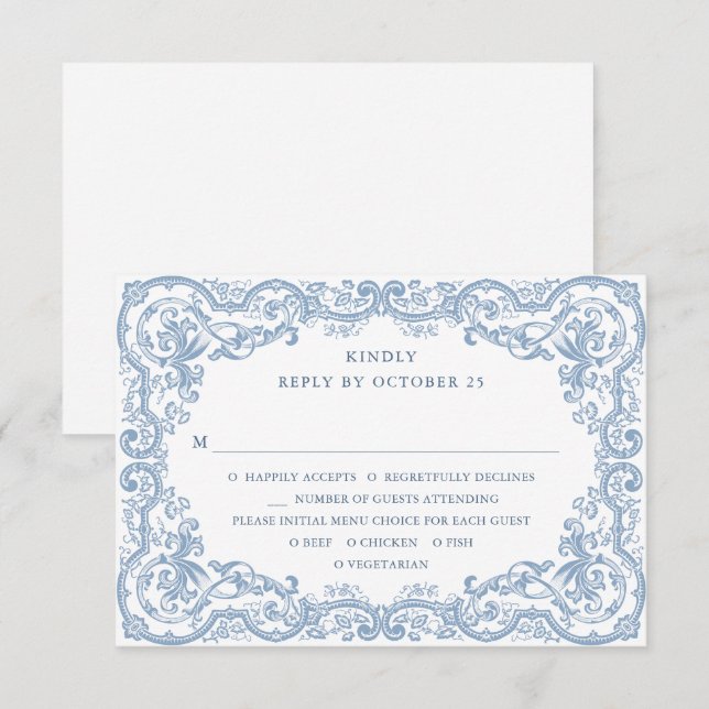 Cartão RSVP Casamento Azul Poeirento Floral Ornate Renascença (Frente/Verso)