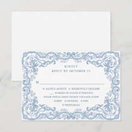 Cartão RSVP Casamento Azul Poeirento Floral Ornate Renascença