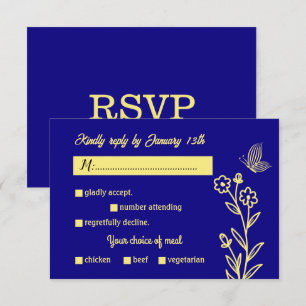 Cartão RSVP Casamento azul-real com flor de ouro elegante e ro