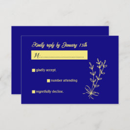 Cartão RSVP Casamento azul-real com flor de ouro elegante e ro