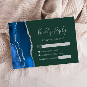 Cartão RSVP Casamento Azul Real Prata Ágata Esmeralda Verde