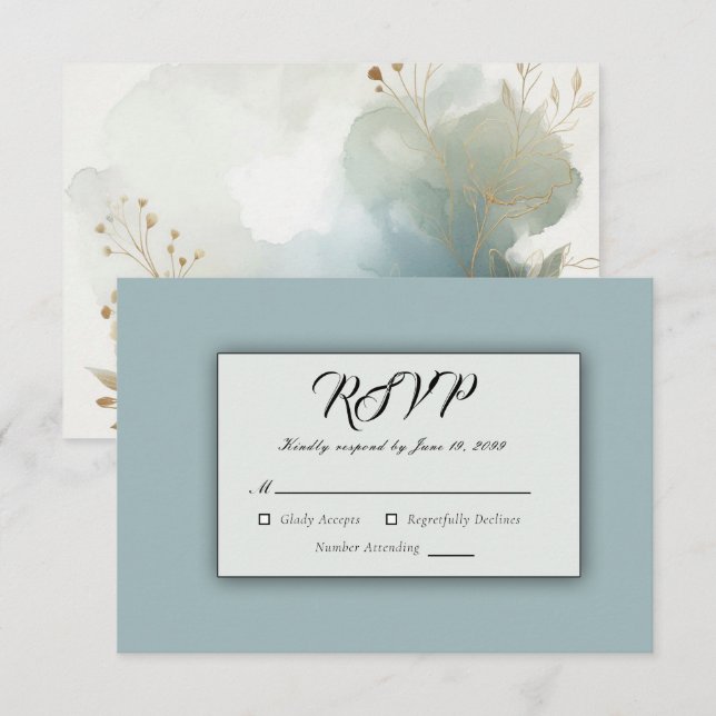 Cartão RSVP Casamento Azul-Romance com Ouro Suave (Frente/Verso)