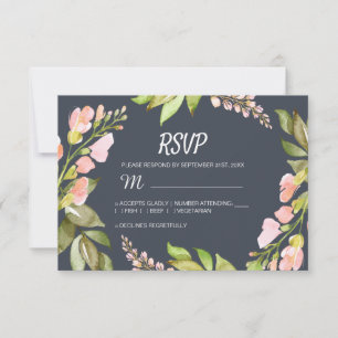 Cartão RSVP Casamento Azul Rosa-Floral Moderno Escuro Escuro