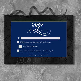 Cartão RSVP Casamento Azul Satin Damask Negro Negro Negro Escu