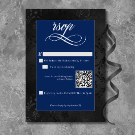 Cartão RSVP Casamento Azul Satin Damask Negro Negro Negro Escu