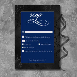 Cartão RSVP Casamento Azul Satin Damask Negro Negro Negro Escu