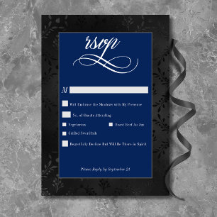 Cartão RSVP Casamento Azul Satin Damask Negro Negro Negro Escu