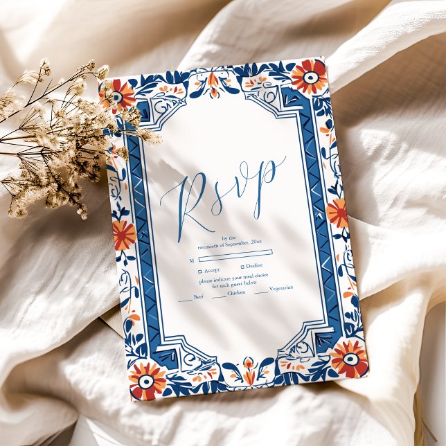 Cartão RSVP Casamento Azulejo Italiano do Mediterrâneo Azul (Criador carregado)