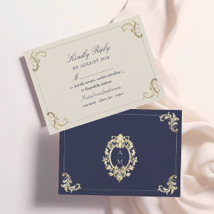 Cartão RSVP Casamento Barroco Azul Naval Dourado