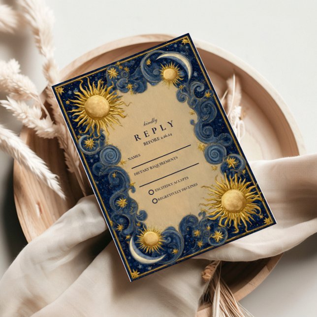 Cartão RSVP Casamento Barroco Celestial Dourado (Criador carregado)