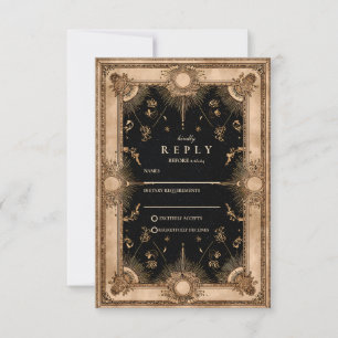 Cartão RSVP Casamento Barroco Celestial Preto e Dourado