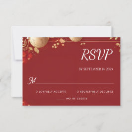 Cartão RSVP Casamento Bilingue Chinês Floral Moderno Asiático