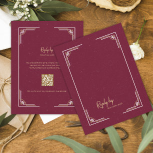Cartão RSVP Casamento Black Tie com QR Code Art Déco em Dourad