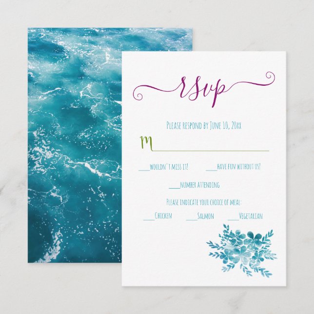 Cartão RSVP Casamento Blue Floral Ocean (Frente/Verso)