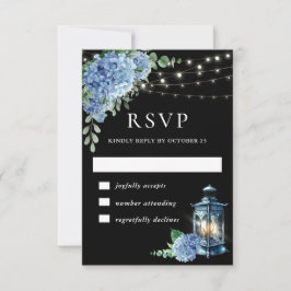 Cartão RSVP Casamento Blue Hydrangea Lanterna Black Boho