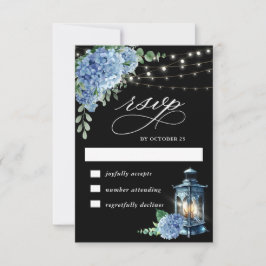 Cartão RSVP Casamento Blue Hydrangea Lanterna Black Boho