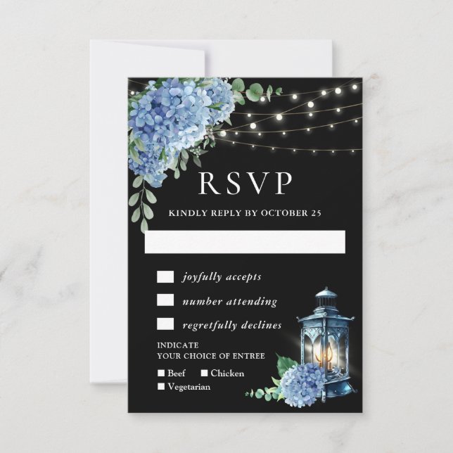 Cartão RSVP Casamento Blue Hydrangea Lanterna Black Boho (Frente)