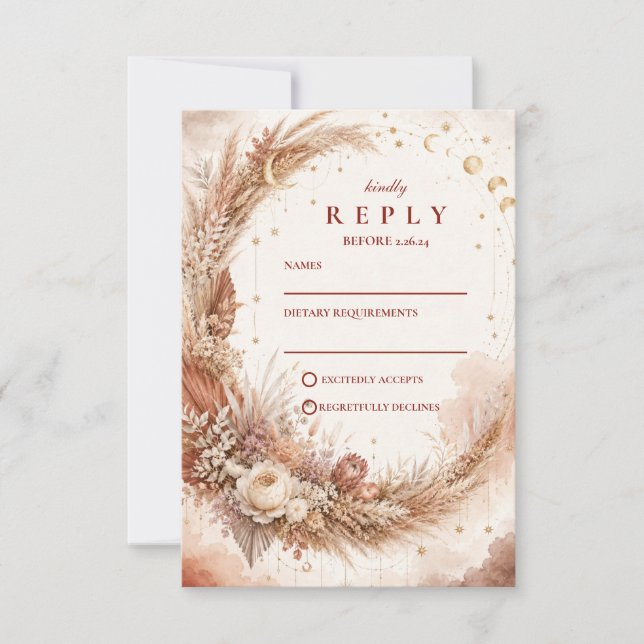 Cartão RSVP Casamento Boho Celestial Atemporal (Frente)