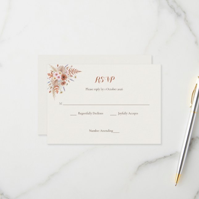 Cartão RSVP Casamento Boho com Terracota e Palme Secas (Frente/Verso In Situ)