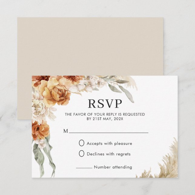 Cartão RSVP Casamento Boho de Florais de Laranja Queimada Pamp (Frente/Verso)