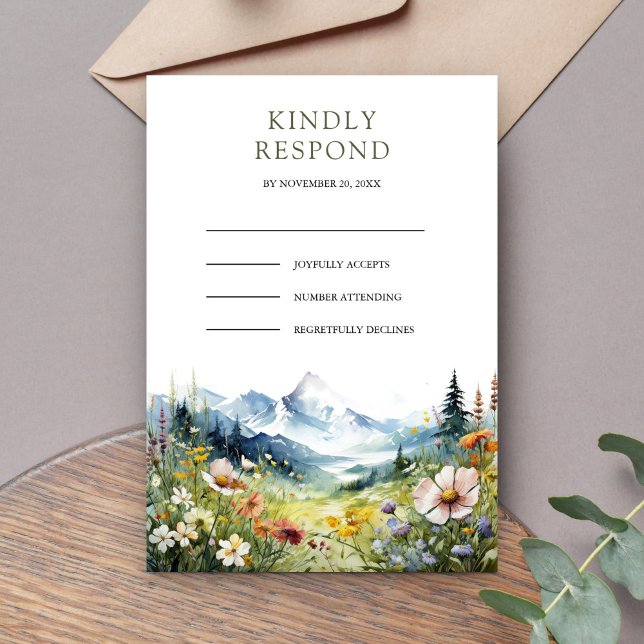 Cartão RSVP Casamento Boho em Prado de Montanha com Flores Sil (Criador carregado)