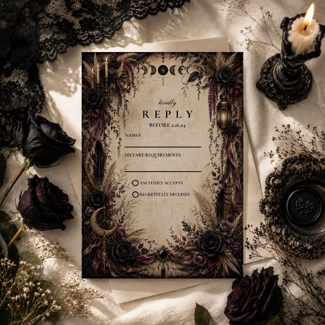 Cartão RSVP Casamento Boho Goth (Criador carregado)
