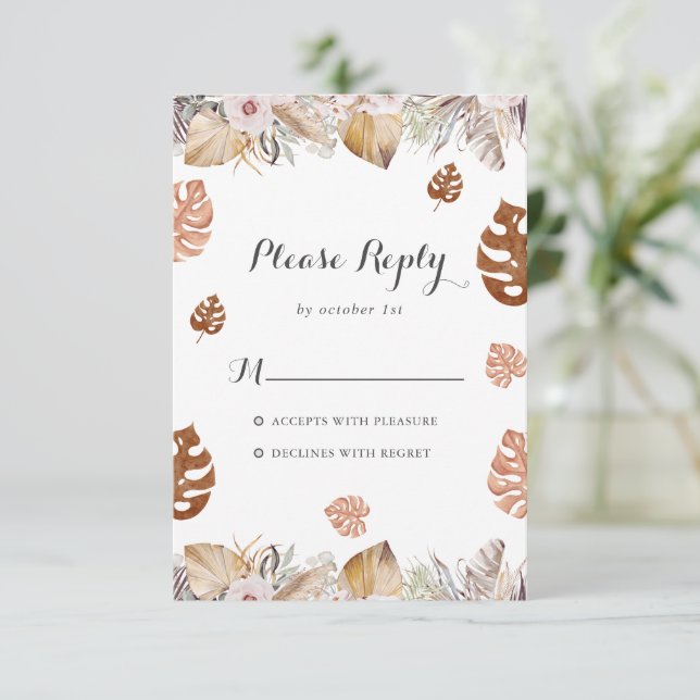 Cartão RSVP Casamento Boho Neutro Rústico (Em pé/Frente)