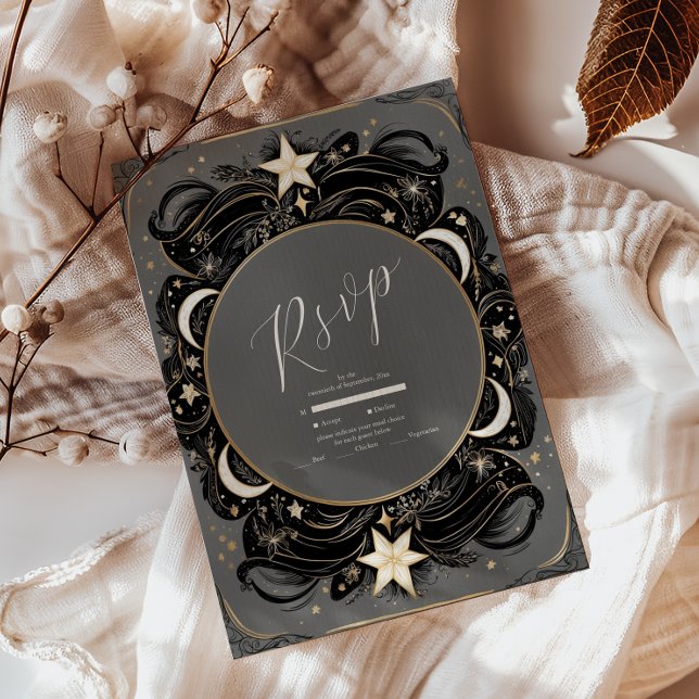 Cartão RSVP Casamento Boho Noite Estrelada Lua Mística Celesti (Criador carregado)