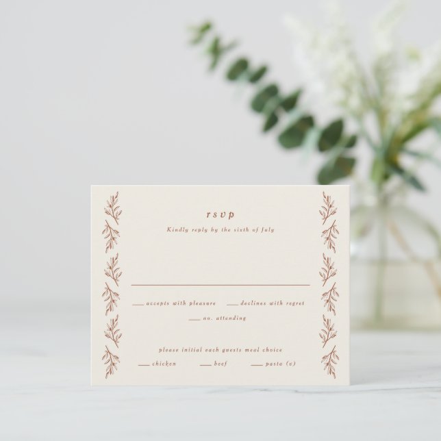 Cartão RSVP Casamento Boho Ramo Vintage (Em pé/Frente)