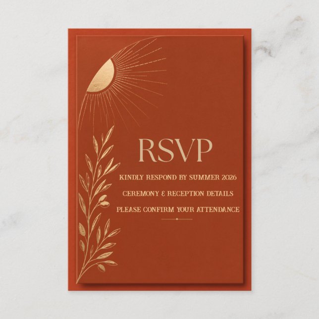 Cartão RSVP Casamento Boho Sol Terracota (Frente)
