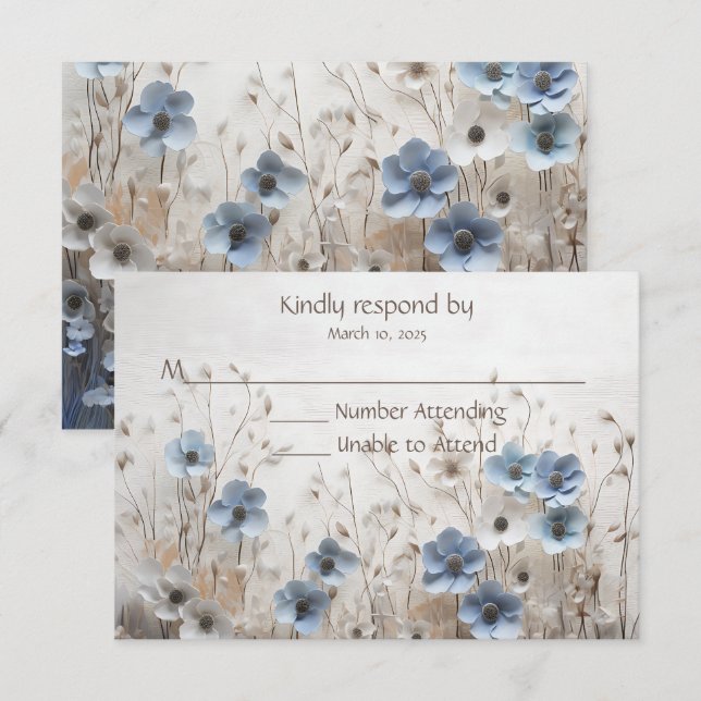 Cartão RSVP Casamento bonito com Flor 3D Azul e Branco (Frente/Verso)