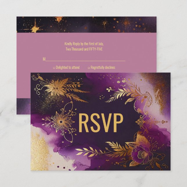 Cartão RSVP Casamento bonito com Púrpura e Dourado Floral (Frente/Verso)