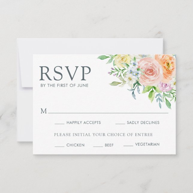 Cartão RSVP Casamento bonito Pastel Floral Meal Choice (Frente)