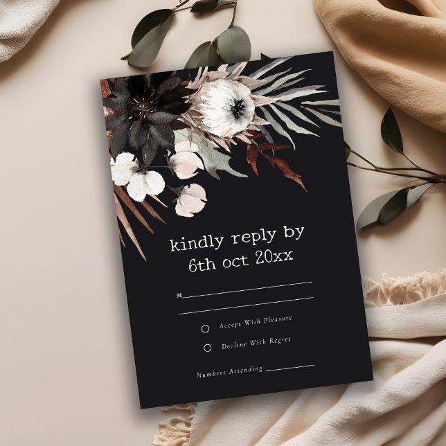 Cartão RSVP Casamento Botânico Bótico Rust Negro (Criador carregado)