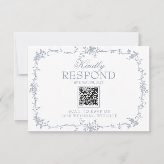 Cartão RSVP Casamento Botânico Código QR Floral Azul Empoeirad