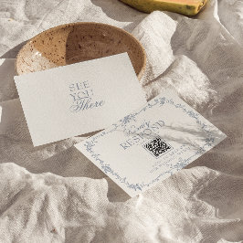 Cartão RSVP Casamento Botânico Código QR Floral Azul Empoeirad