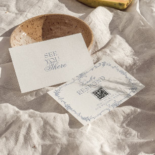 Cartão RSVP Casamento Botânico Código QR Floral Azul Empoeirad