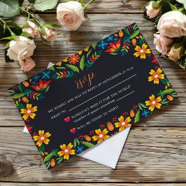 Cartão RSVP Casamento Botânico Colorido Preto Mexicano