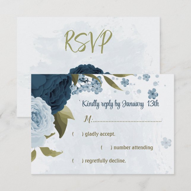 Cartão RSVP casamento botânico com flores azuis-claras marinho (Frente/Verso)