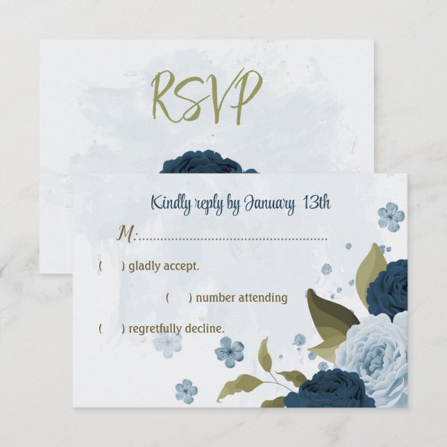 Cartão RSVP casamento botânico com flores azuis-claras marinho (Frente/Verso)