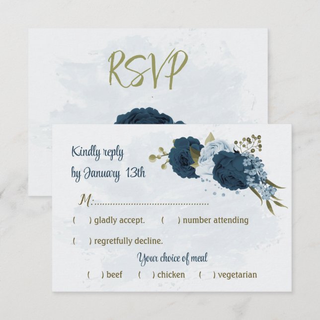 Cartão RSVP casamento botânico com flores azuis-claras marinho (Frente/Verso)