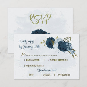 Cartão RSVP casamento botânico com flores azuis-claras marinho